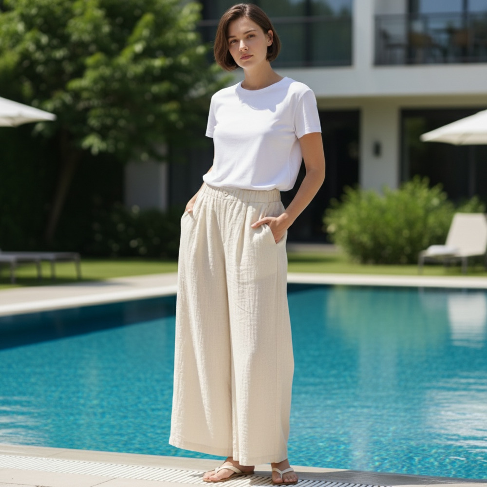 A New Day Women's Crinkle Gauze High-Rise Wide-Leg Palazzo Pants Cream